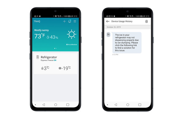 LG전자가 미국에 본격 런칭할 '프로액티브 서비스'가 LG 씽큐(LG ThinQ) 앱에 등록된 냉장고의 작동상태를 분석해 얼음 디스펜서에 생길 수 있는 고장 가능성을 사전에 감지하고 최적의 상태를 유지할 수 있는 관리방법을 알려주고 있다.사진/LG전자