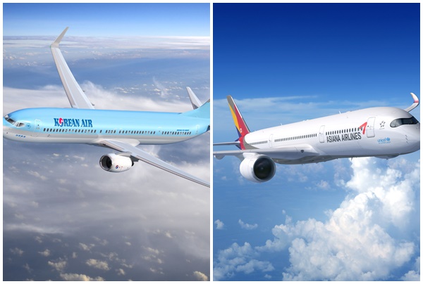 대한항공 보잉 737-900ER항공기(왼쪽)와 아시아나항공 A380여객기. ⓒ각 사