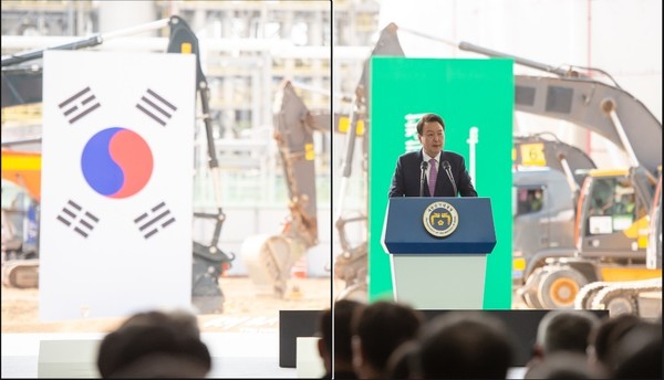 윤석열 대통령이 9일 울산시 울주군 울산공장에서 열린 S-OIL 샤힌 프로젝트 기공식에서 참석해 축사를 하고 있다. ⓒ에쓰오일