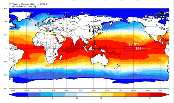 지난 4월 9~15일 태평양 엘니뇨 감시구역의 해수면온도 분포 현황. 기상청 홈페이지 캡처
