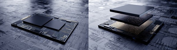 삼성전자가 최첨단 EUV 시스템반도체에 3차원 적층 기술 업계최초로 적용하는데 성공했다. 사진 왼쪽은 기존 시스템반도체의 평면 설계. 사진 오른쪽은 삼성전자의 3차원 적층 기술 'X-Cube'를 적용한 시스템반도체의 설계. ⓒ삼성전자