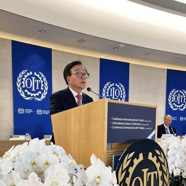 이동근 경총 상근부회장이 12일(현지시간) 스위스 제네바에서 열린 제111차 국제노동기구(ILO) 총회에서 한국 경영계를 대표해 연설하고 있다. ⓒ한국경영자총협회