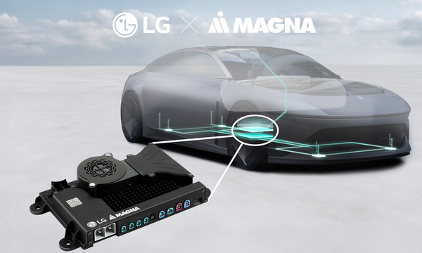 LG전자-마그나 자율주행통합플랫폼: LG전자가 자동차 부품업체 마그나와 협업해 인포테인먼트 시스템(IVI)과 첨단운전자보조시스템(ADAS)을 통합한 단독 플랫폼을 개발했다. 해당 플랫폼이 차량에 탑재돼 인포테인먼트, 자율주행, 운전자 보조 등의 기능을 통합 관리하는 모습의 개념도ⓒLG전자