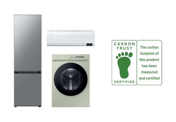삼성전자 세탁기·냉장고·에어컨 제품과 탄소발자국 인증 로고 이미지 ⓒ삼성전자